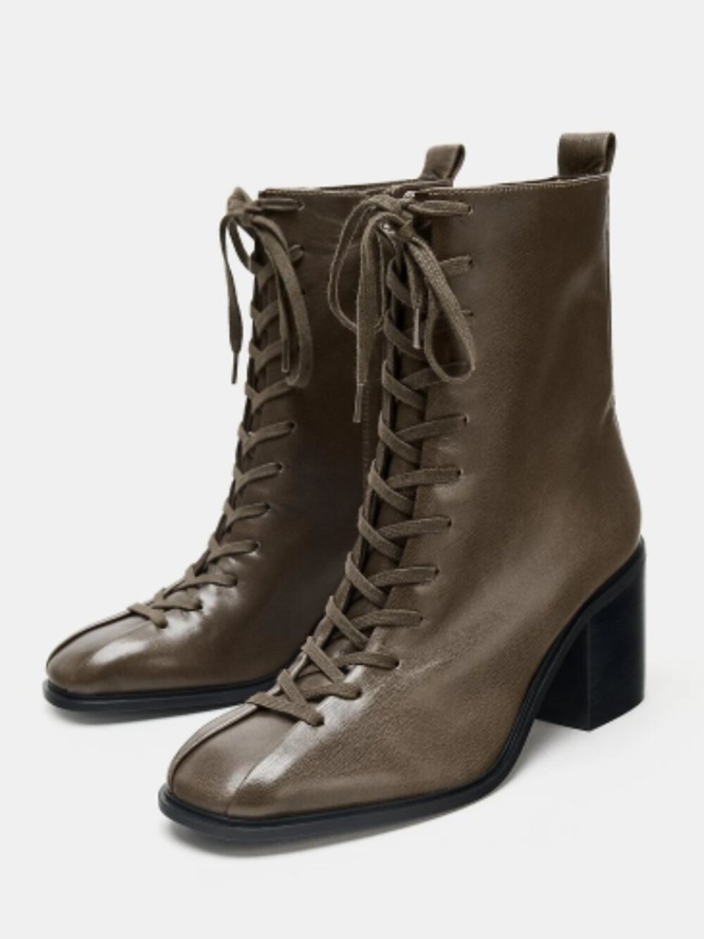 NWT ZARA Taupe Leather Lace-Up Mid-Calf Heeled Boots Sz 38 / 7.5